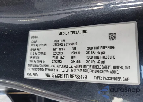 2024 Tesla Model 3 Performance All-Wheel Drive z USA, uszkodzony, nr VIN 5YJ3E1ET1RF788499